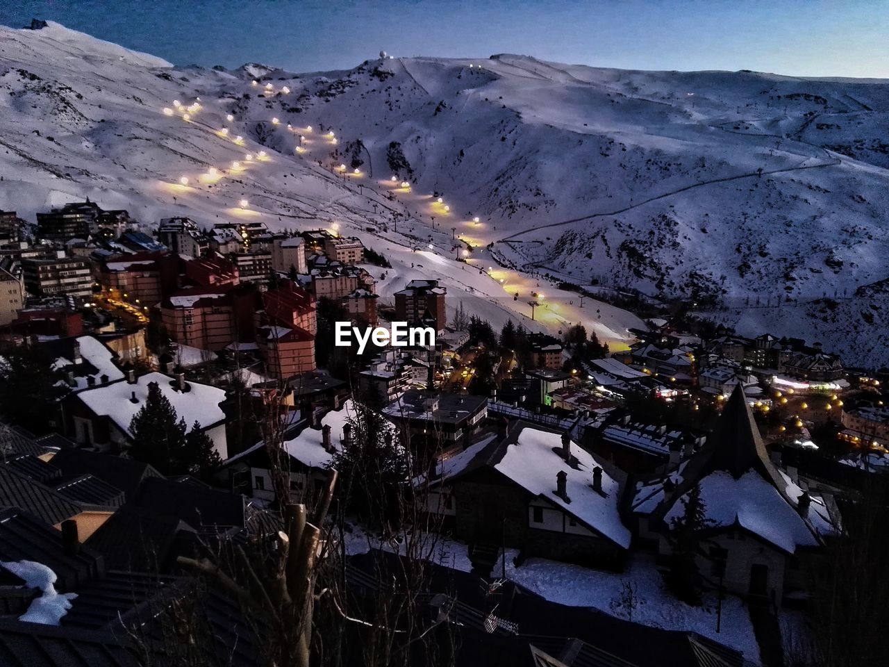 High angle view of houses in city during winter