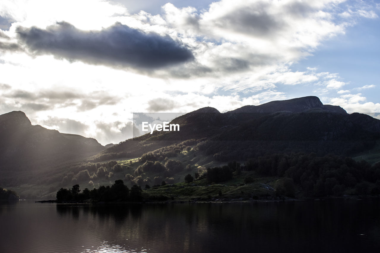 Scenic view of lake and mountains against sky