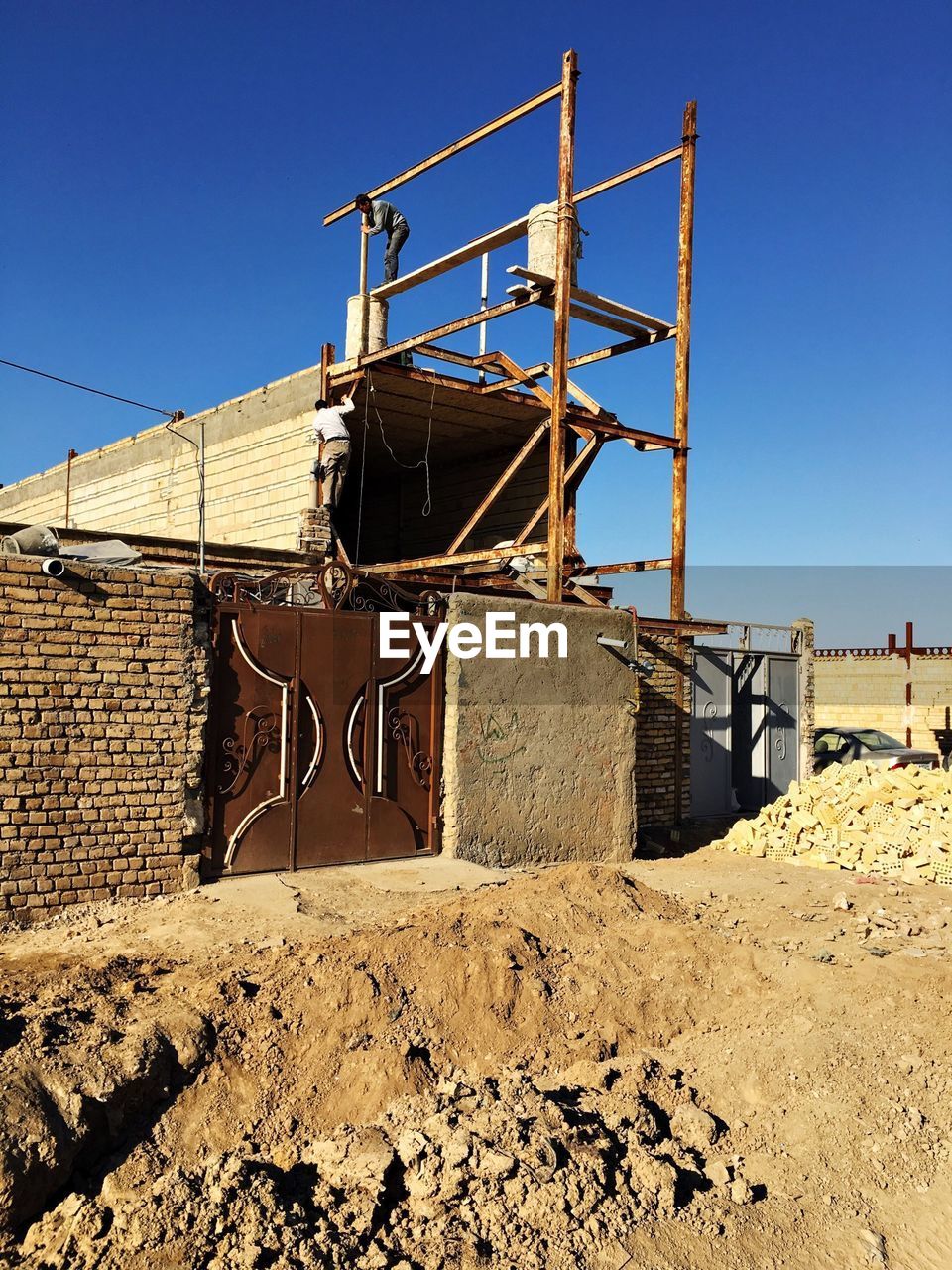 Low angle view of house under constructino