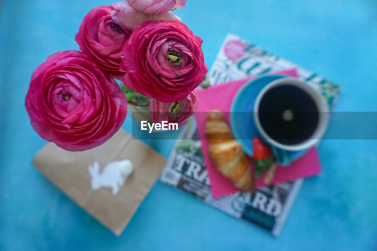 High angle view of roses on table