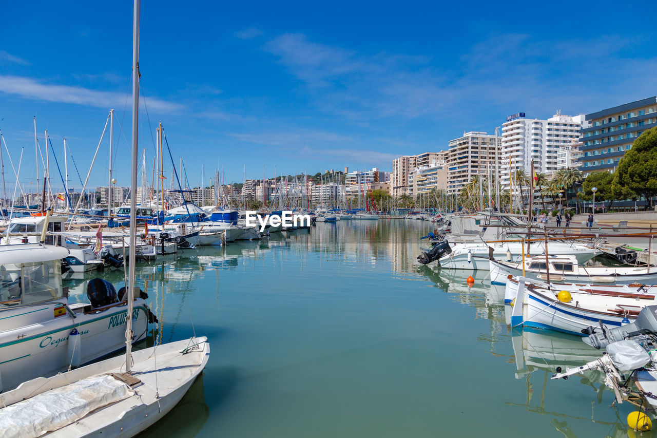 Sailboats moored on harbor in city against blue sky