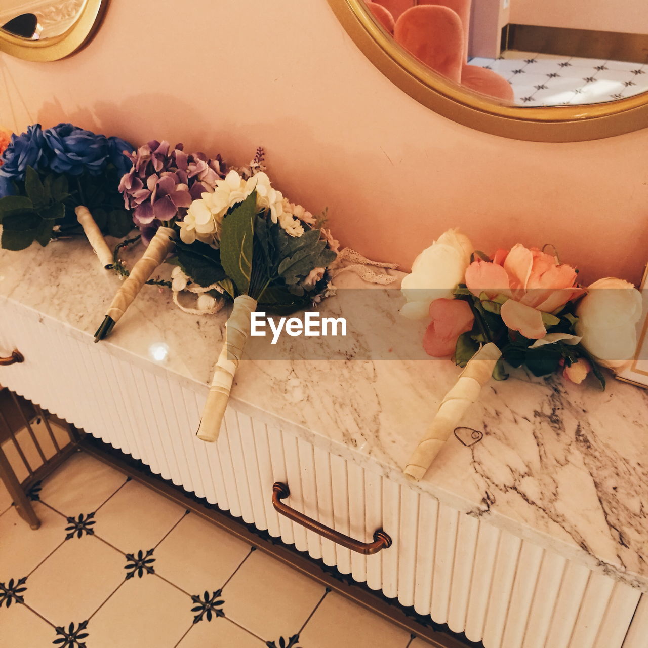 High angle view of bouquets on table