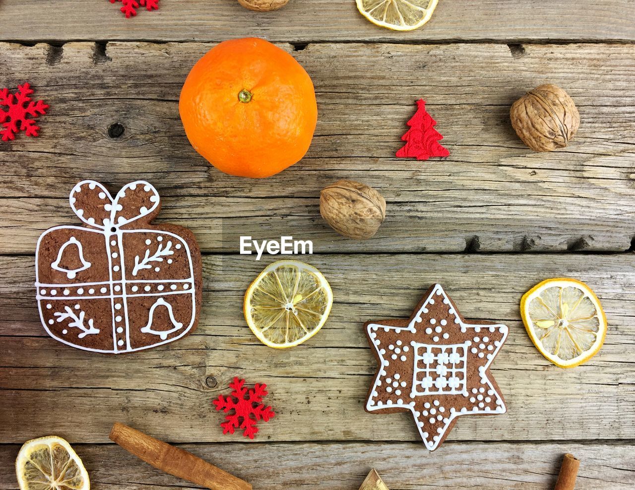 High angle view of food on wooden table during christmas