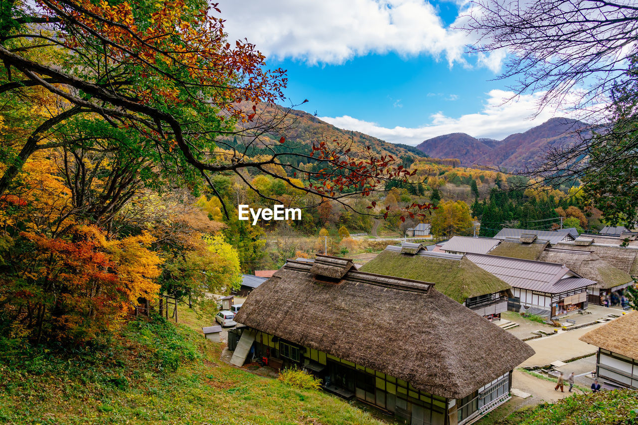 Trees and buildings against sky during autumn