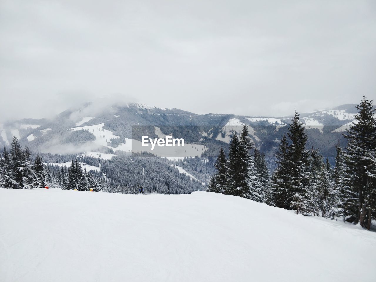 Scenic view of snow covered mountains against sky