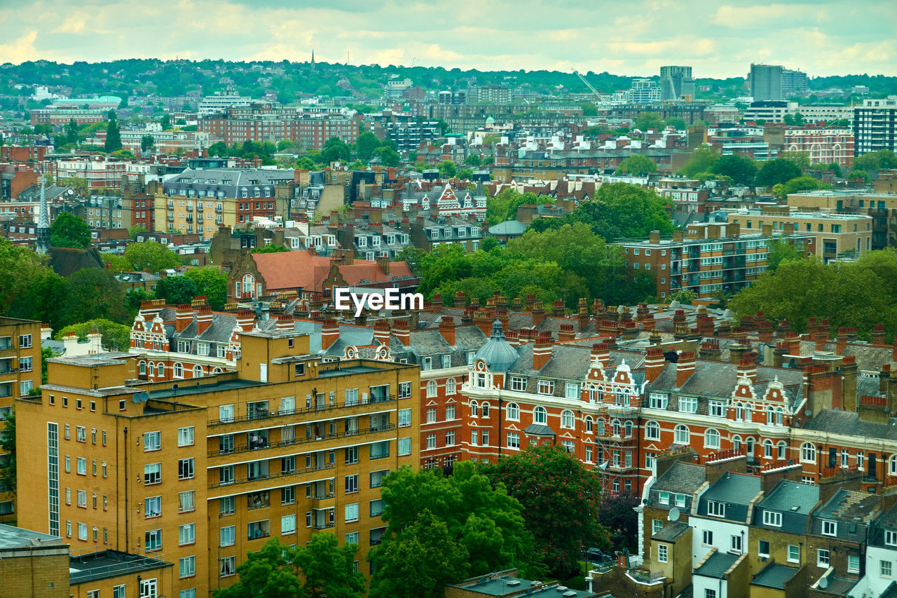 High angle view of residential brick buildings in london city