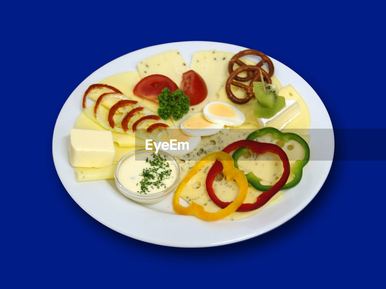 High angle view of food in plate on blue table