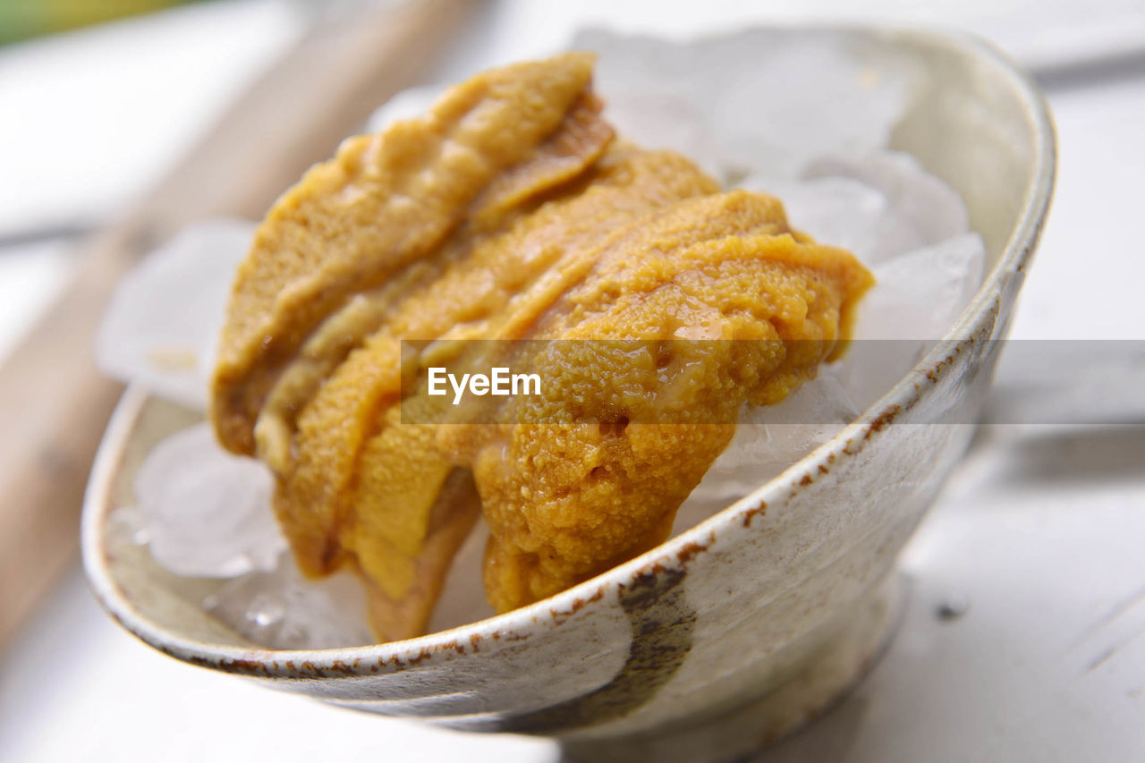 Close-up of dessert served on table