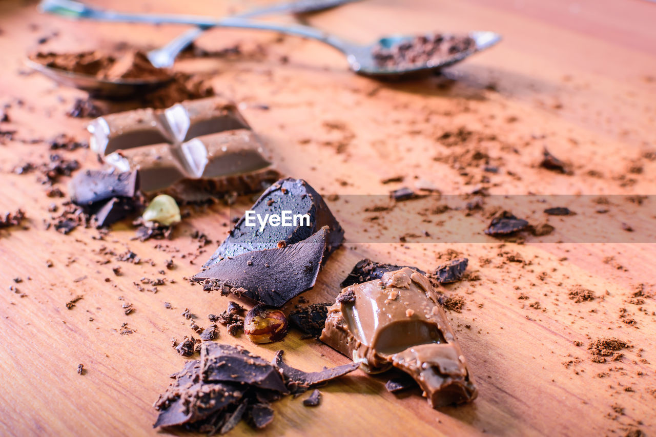 HIGH ANGLE VIEW OF CHOCOLATE ON SAND