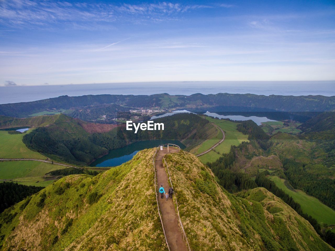 High angle view of people walking on footpath against sky