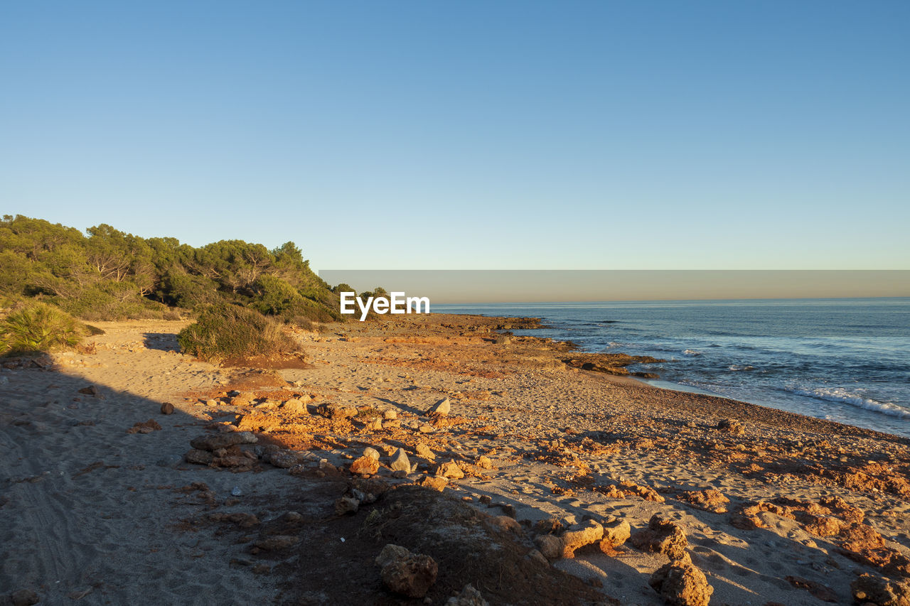 Scenic view of beach against clear blue sky