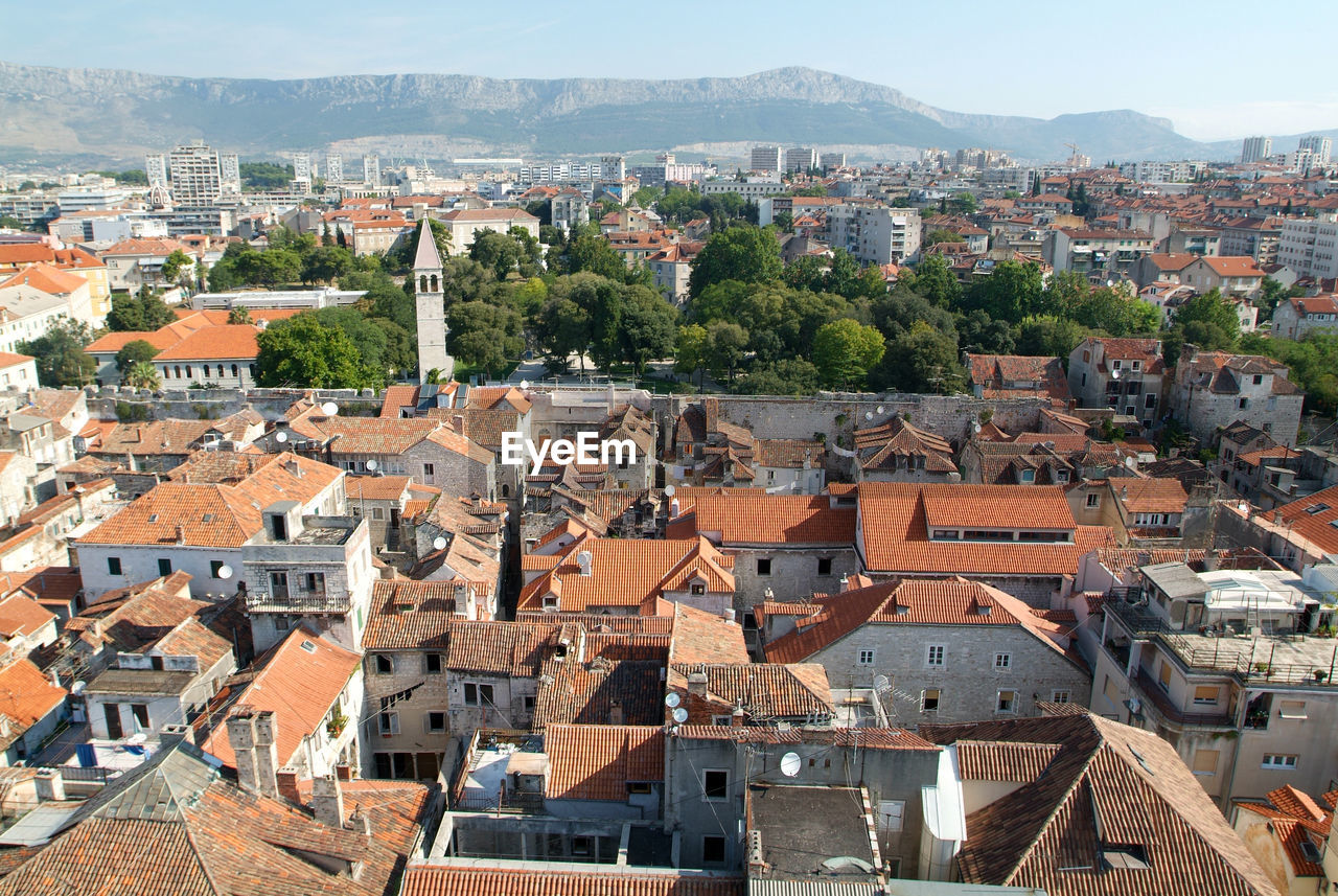 High angle view of buildings in city