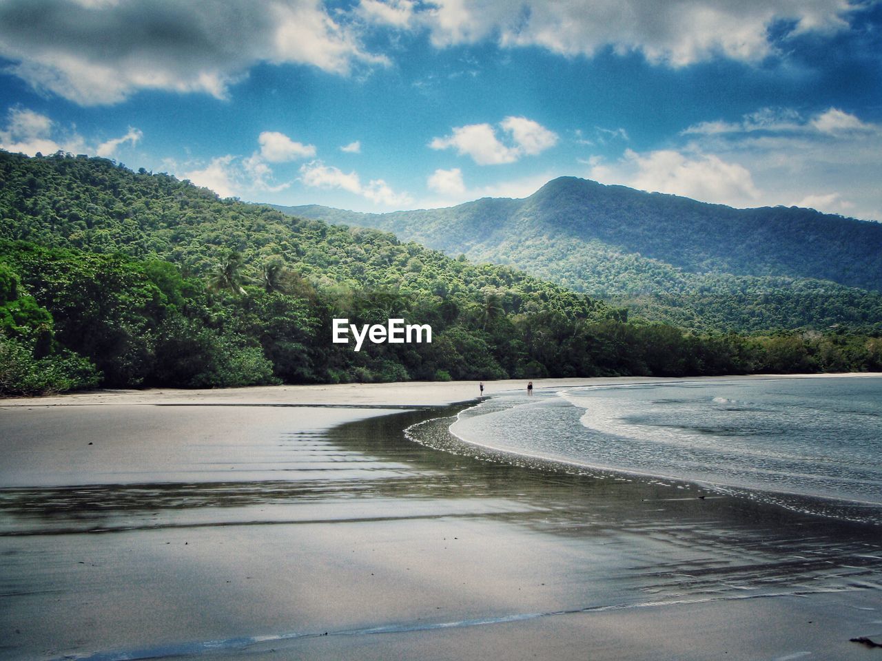 Scenic view of beach and mountains