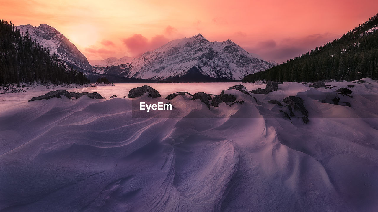 Scenic view of snow covered mountains against sky during sunset