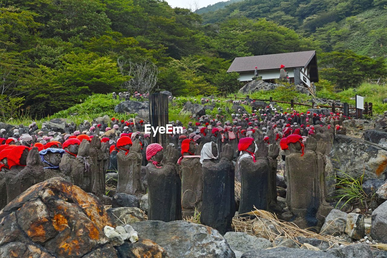 Sculptures with knit hat against mountains