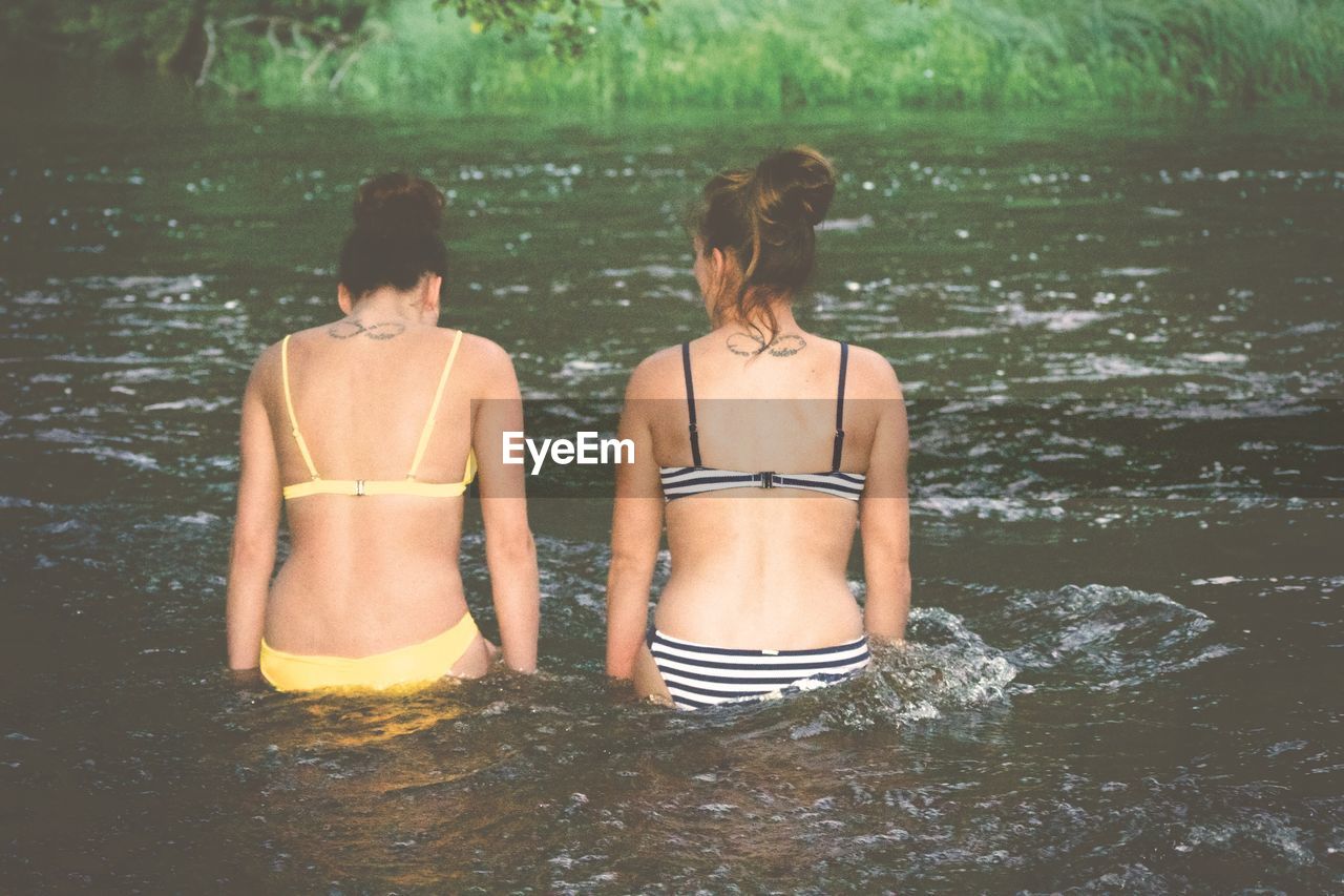Rear view of female friends wearing bikini while standing in river