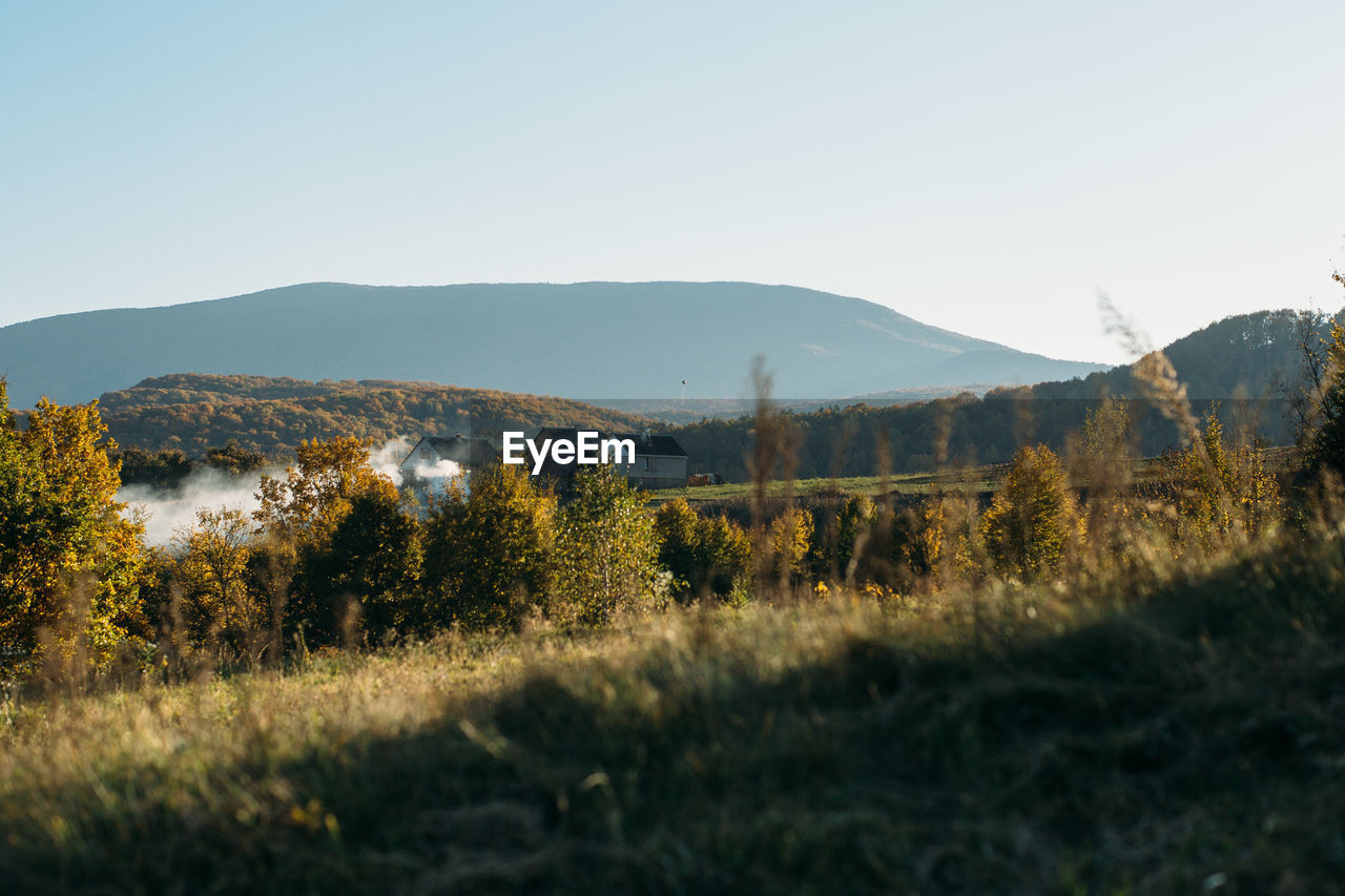 Small village in carpathian mountains. autumn landscape