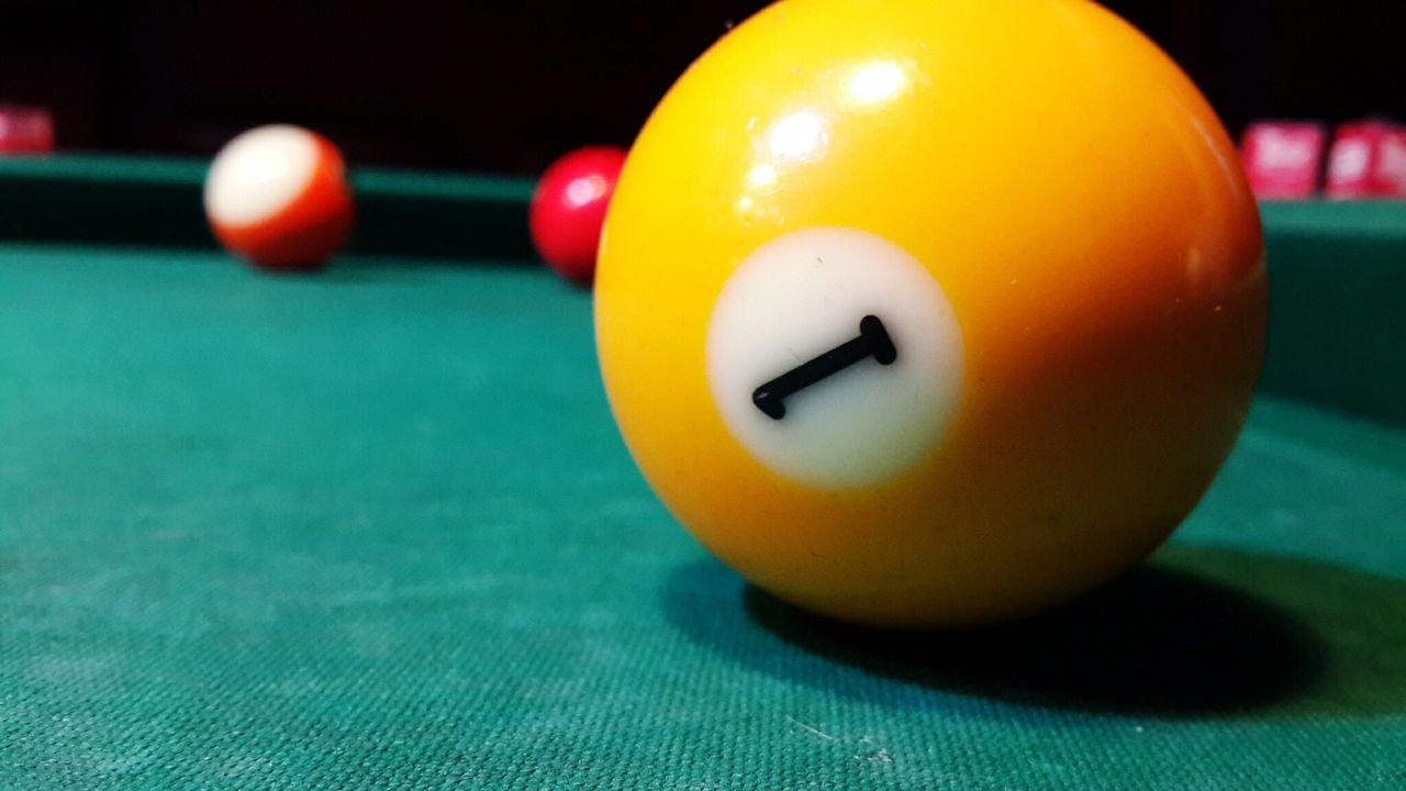Close up of pool balls on table