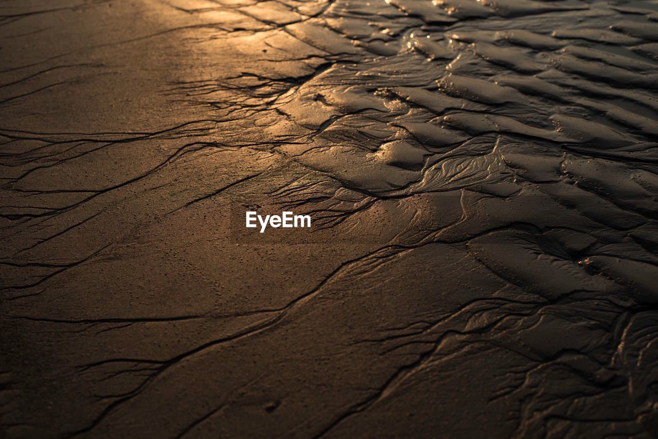 HIGH ANGLE VIEW OF FOOTPRINTS ON SAND IN DESERT