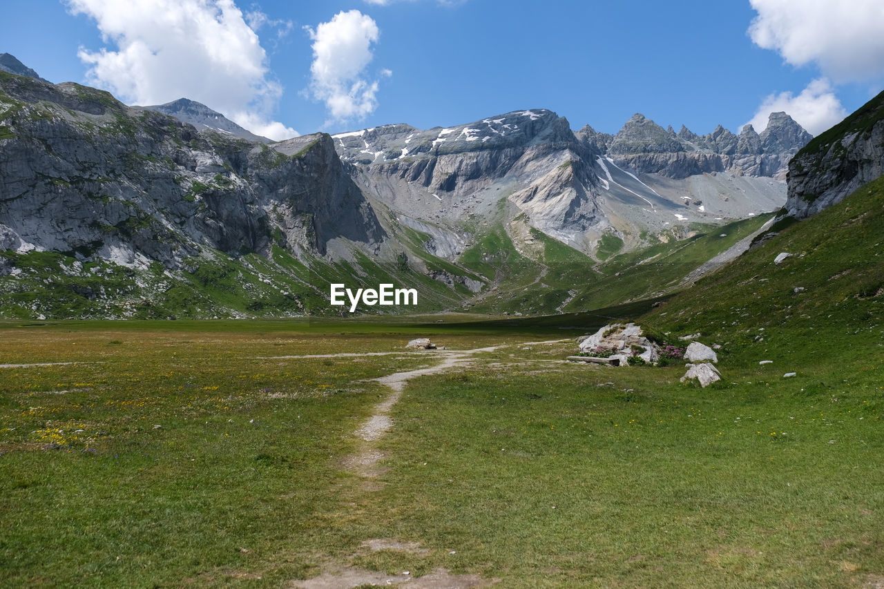 SCENIC VIEW OF SNOWCAPPED MOUNTAINS AND FIELD AGAINST SKY