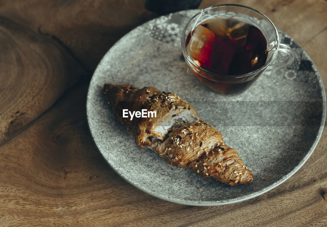 High angle view of food in plate on table