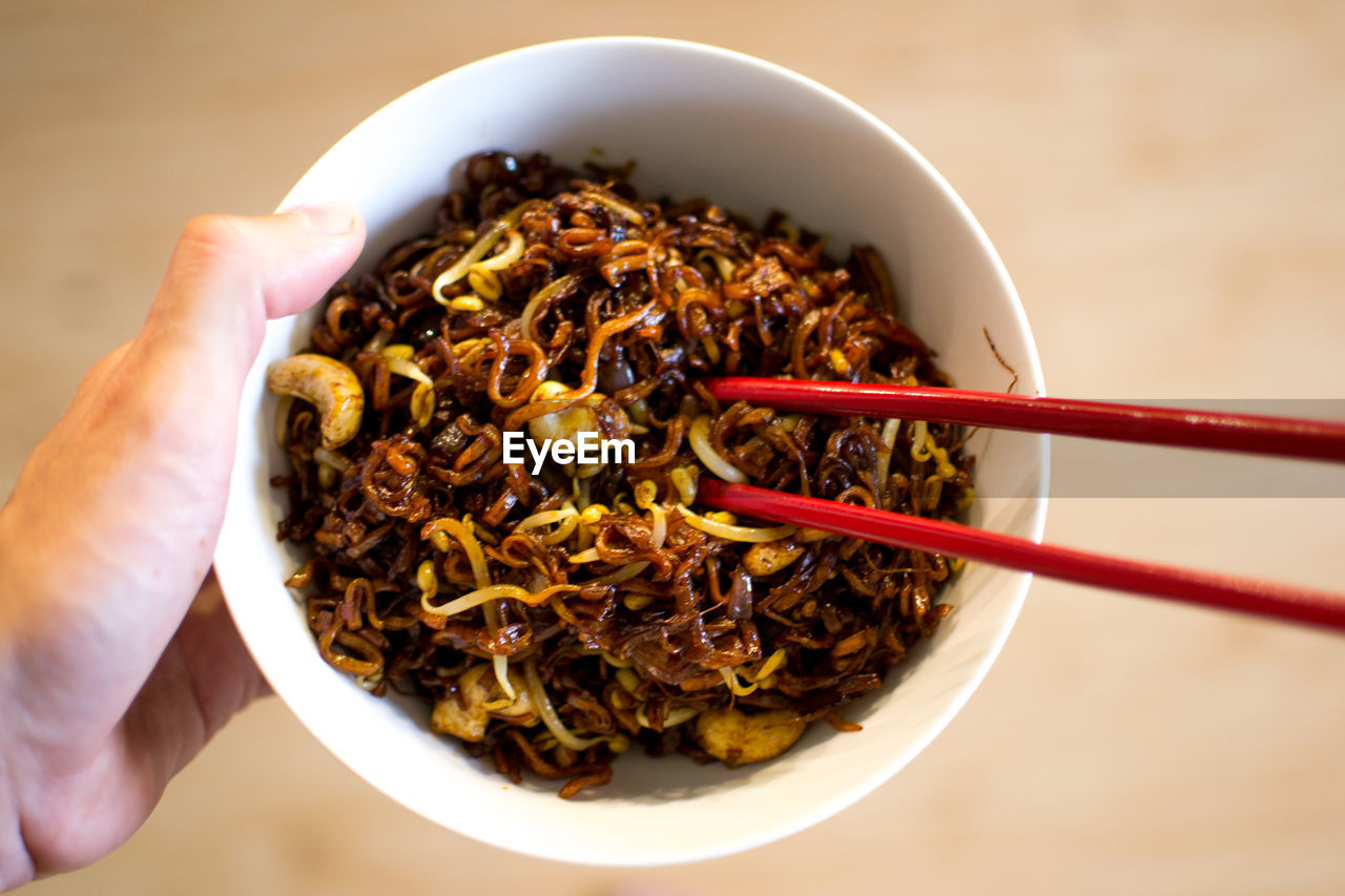 Cropped close-up of hand holding bowl with asian food