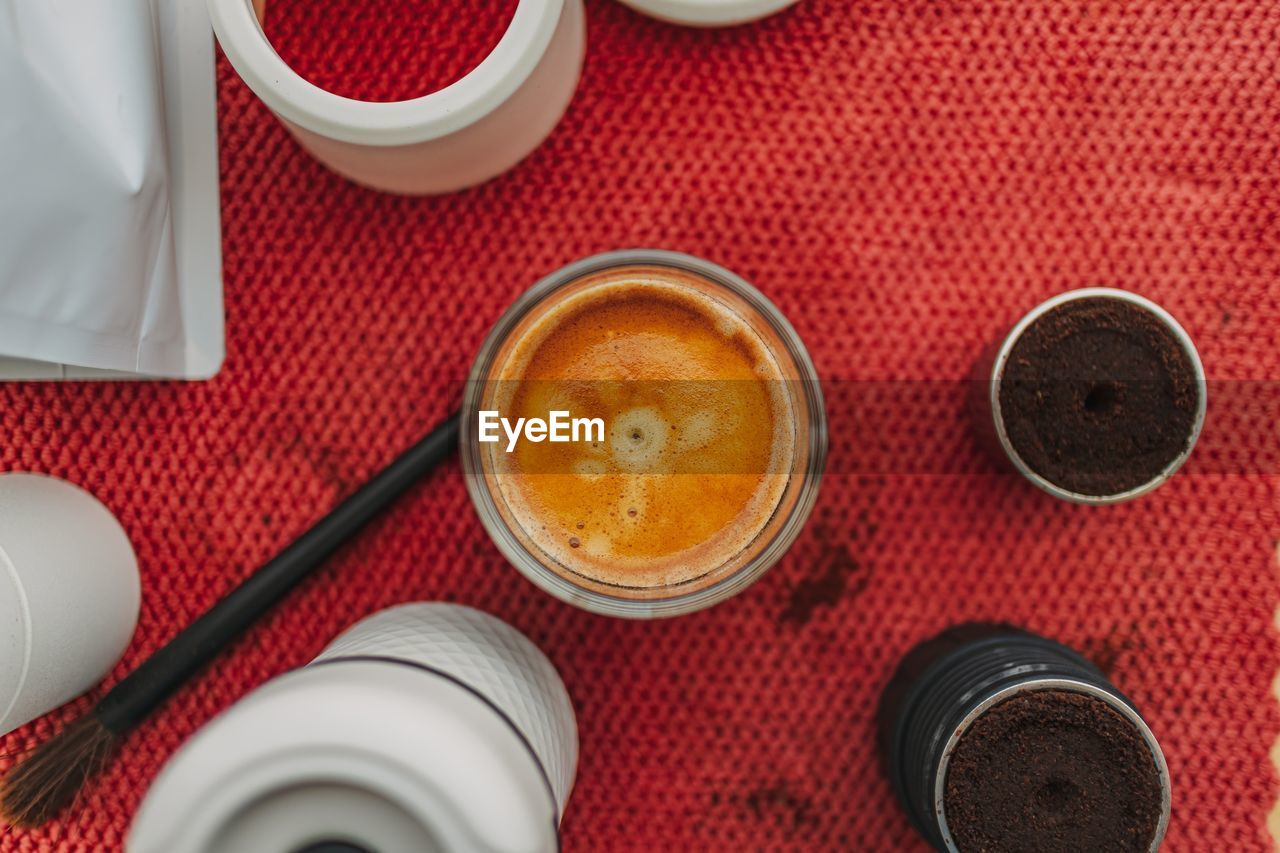 directly above shot of pills on wooden table