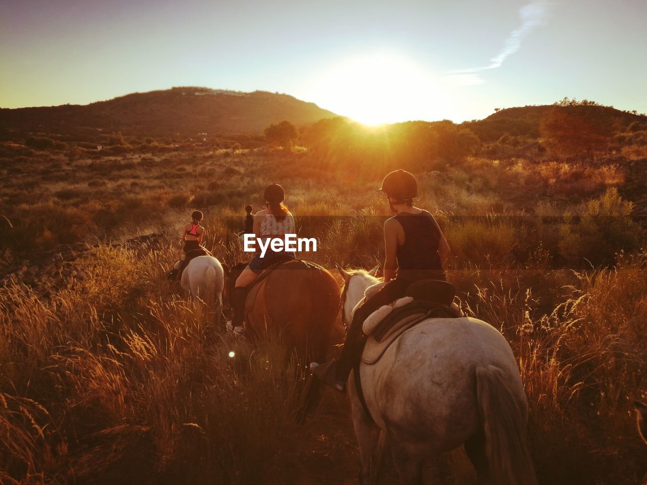 Rear view of mother with children horseback riding on field during sunset