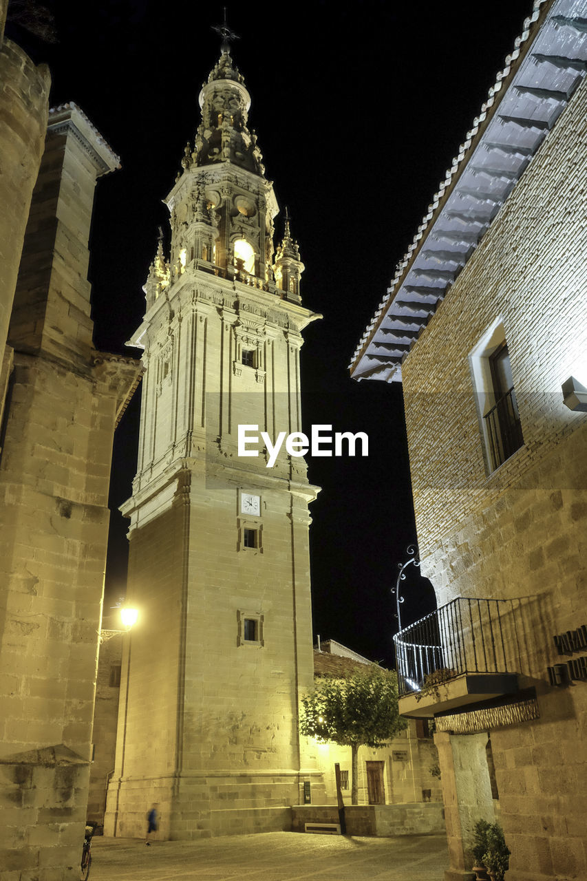 Exterior of historic church at night