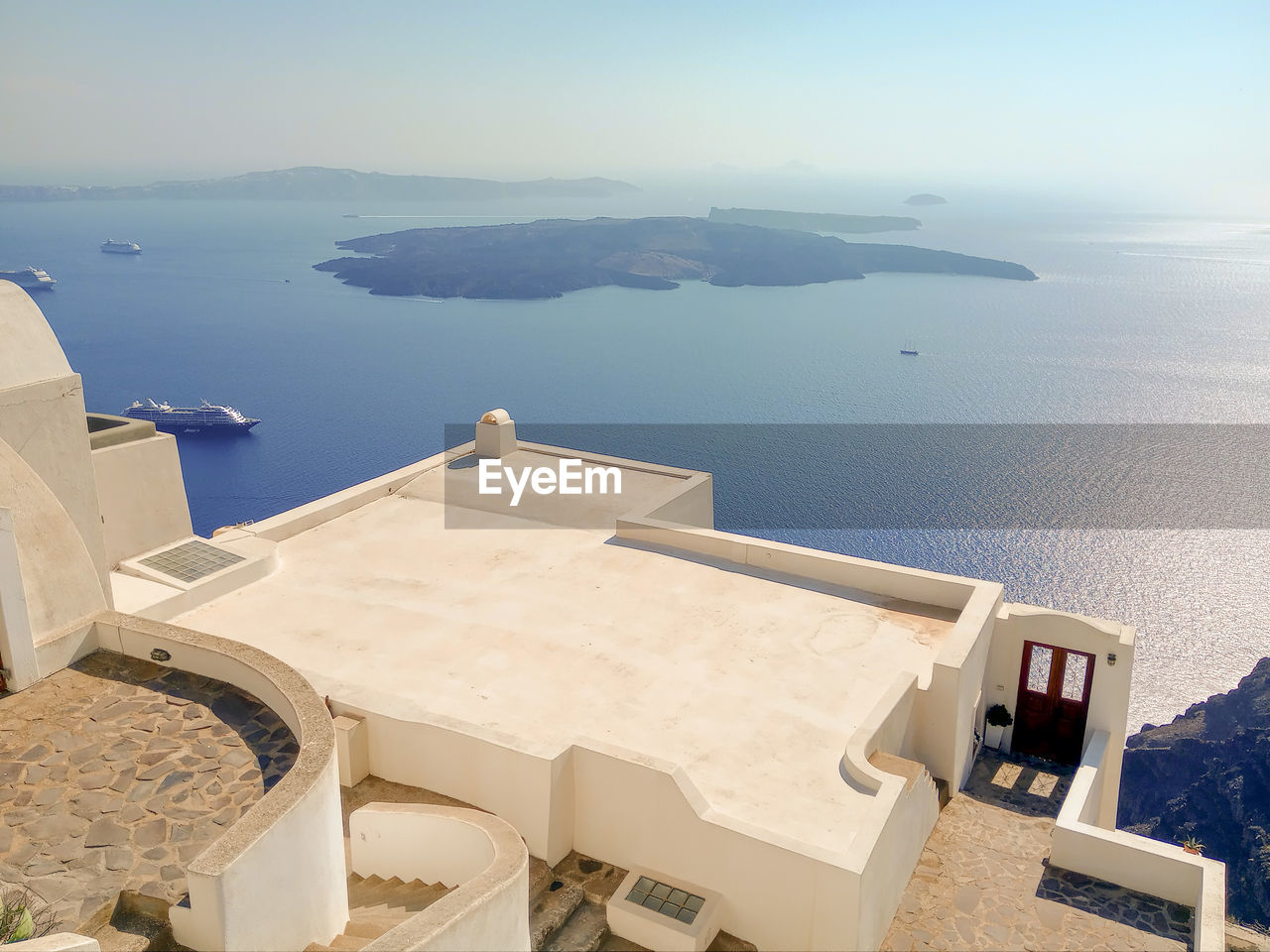 High angle view of terrace and sea against sky