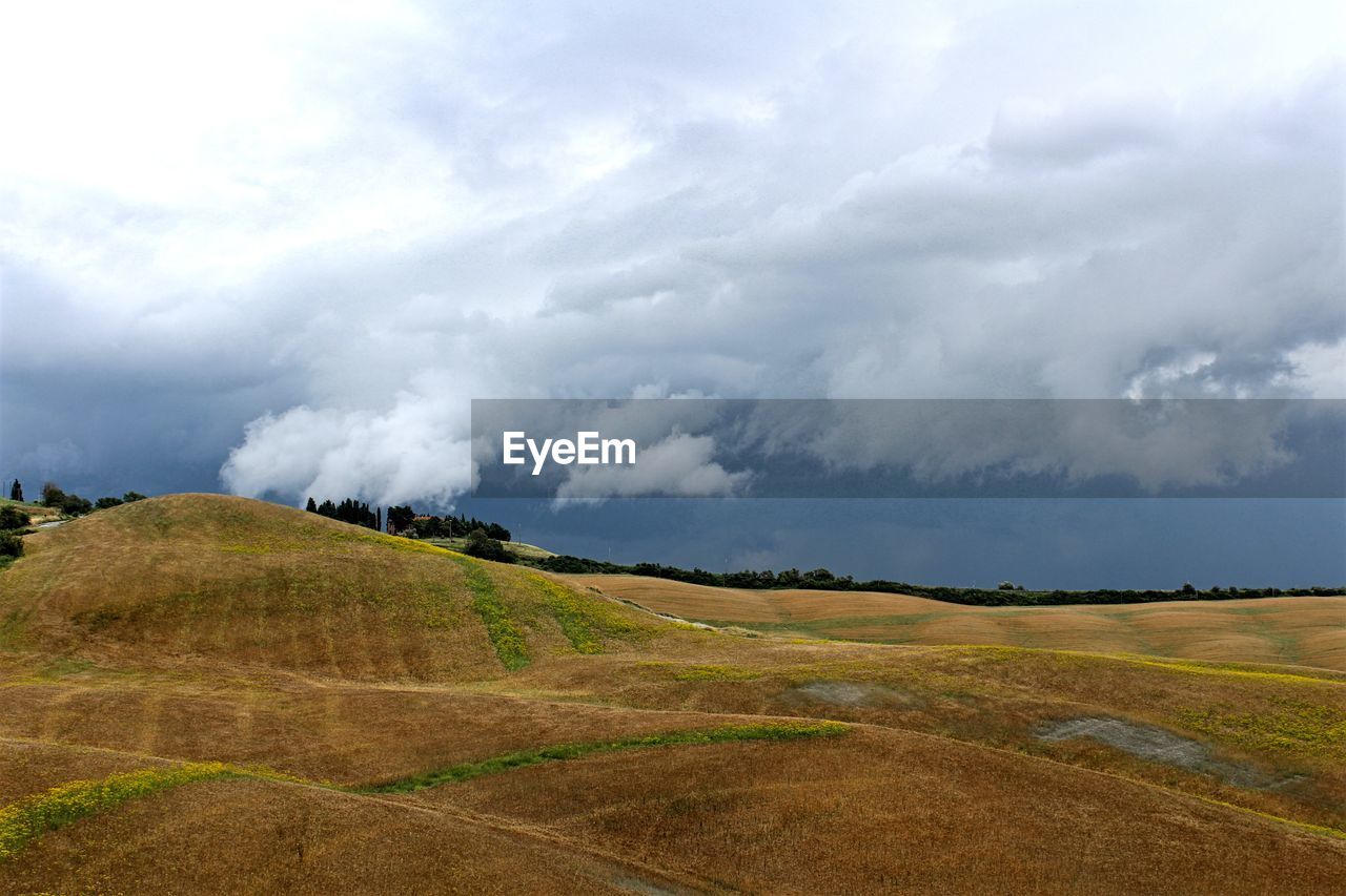 Scenic view of field against cloudy sky