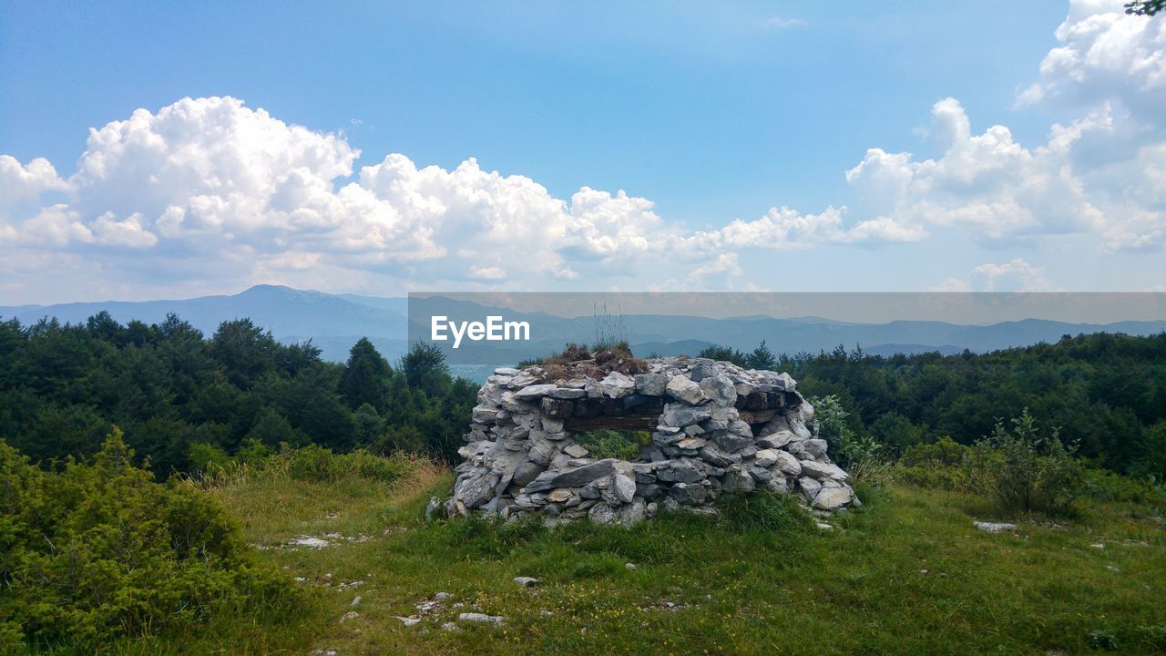 Trees and ruins on field against sky