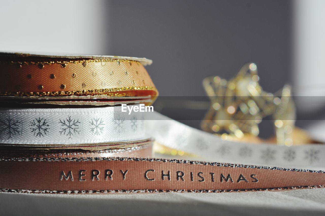 Christmas ribbons, ready to wrap presents, with copy space