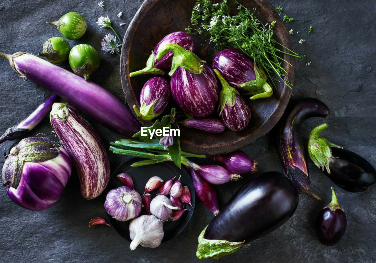 High angle view of vegetables on table