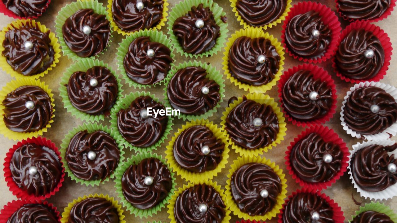 High angle view to large group of homemade  chocolate pralines