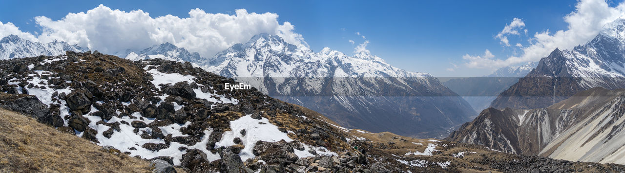 Panoramic view of snowcapped mountains against sky