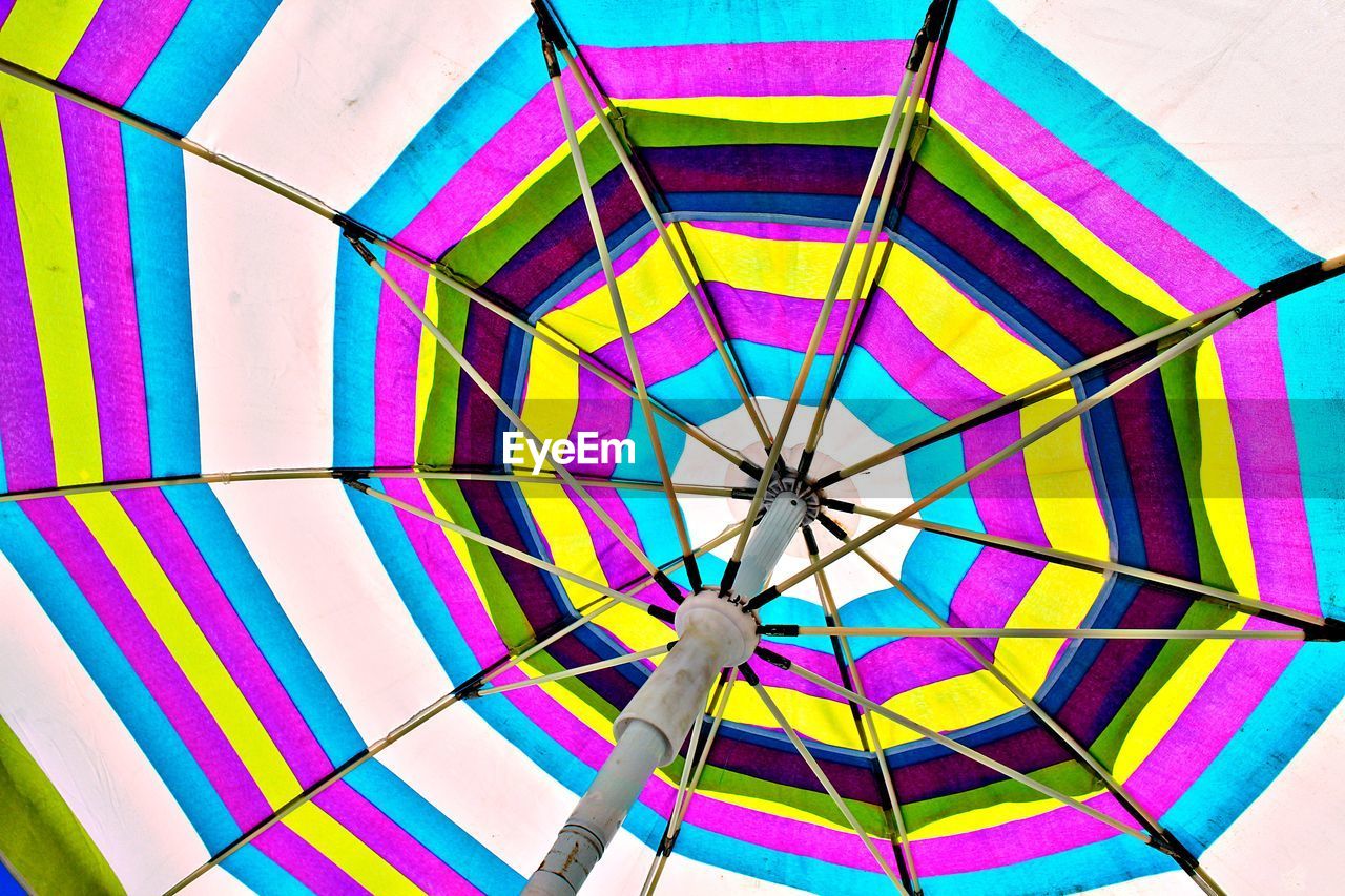 LOW ANGLE VIEW OF MULTI COLORED PATTERN CEILING