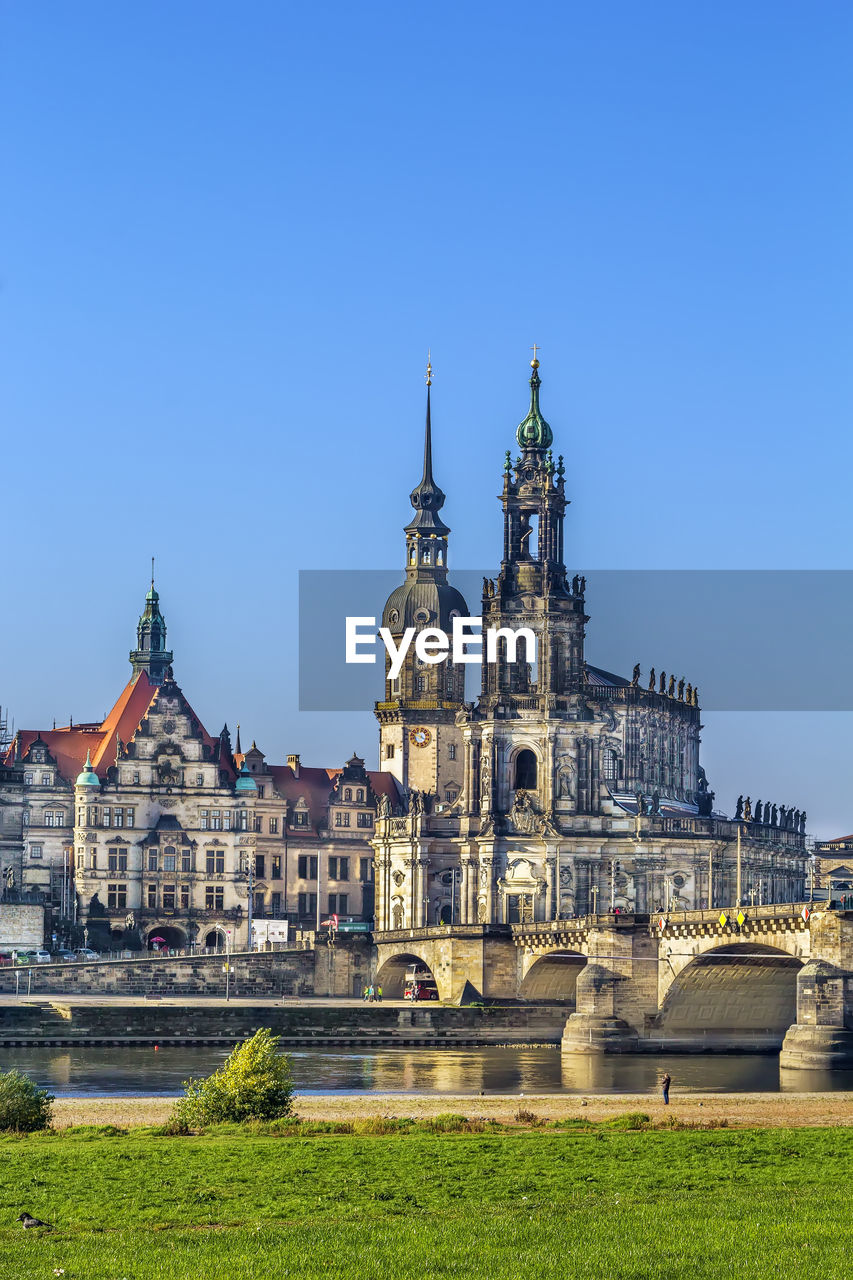 View of dresden cathedral and royal court from the other side of the elbe river, saxony, germany