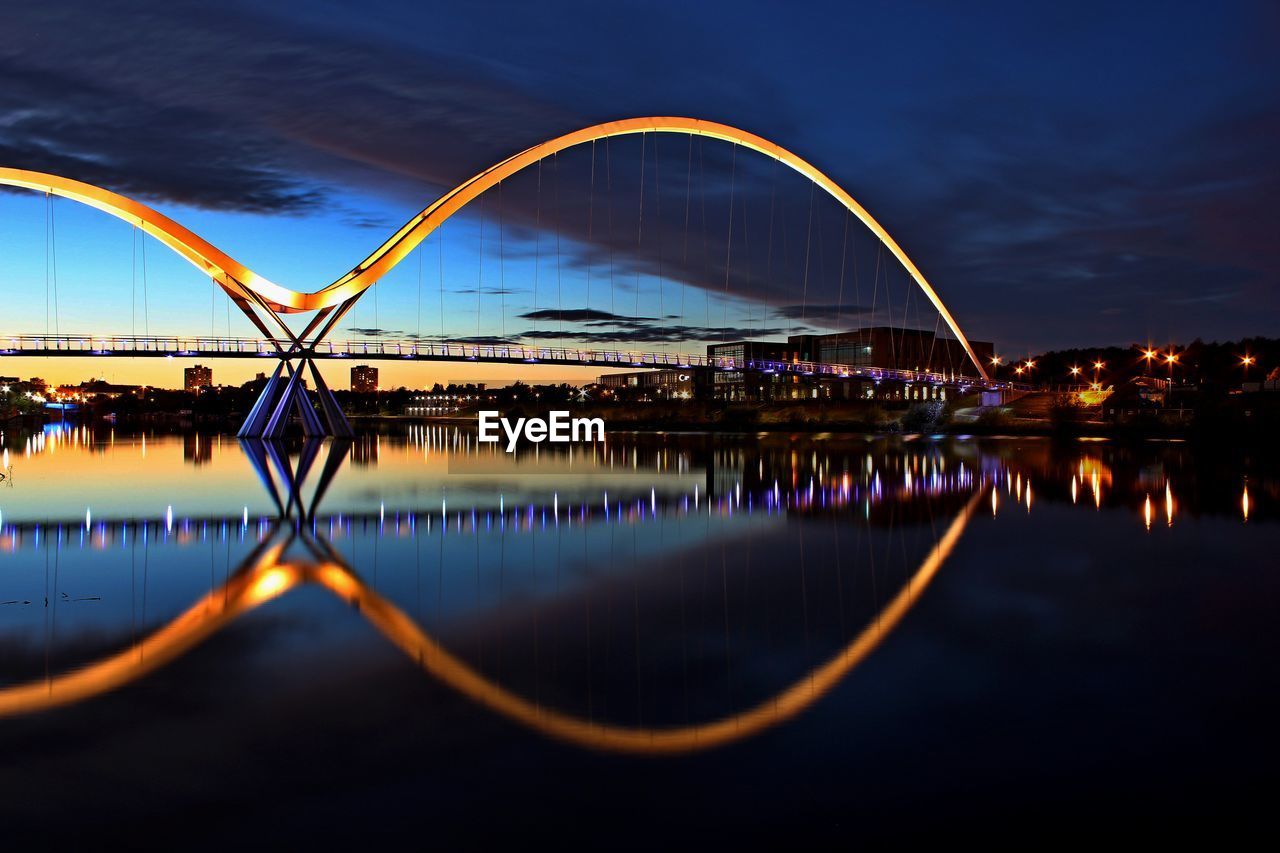 Reflection of bridge in river against sky