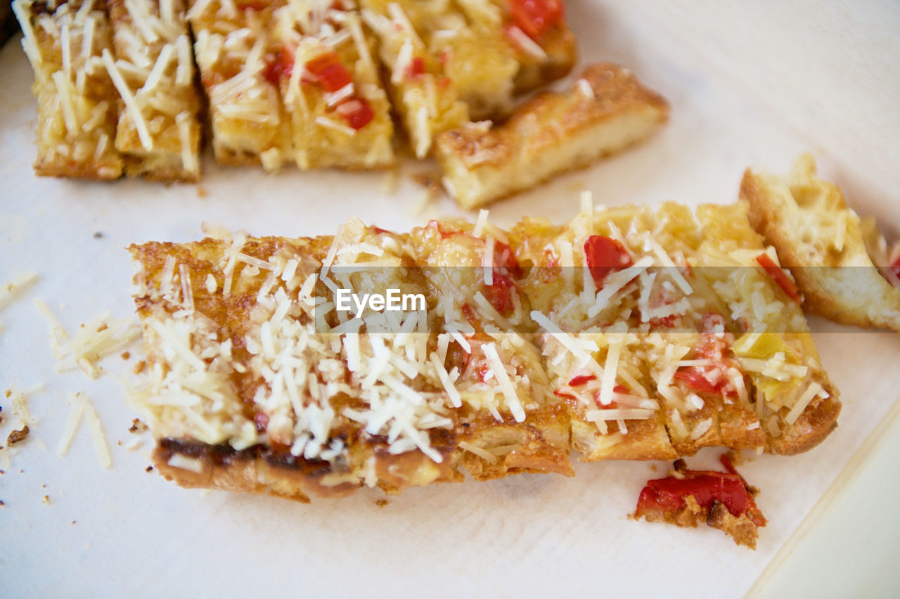 High angle view of appetizer toast on table