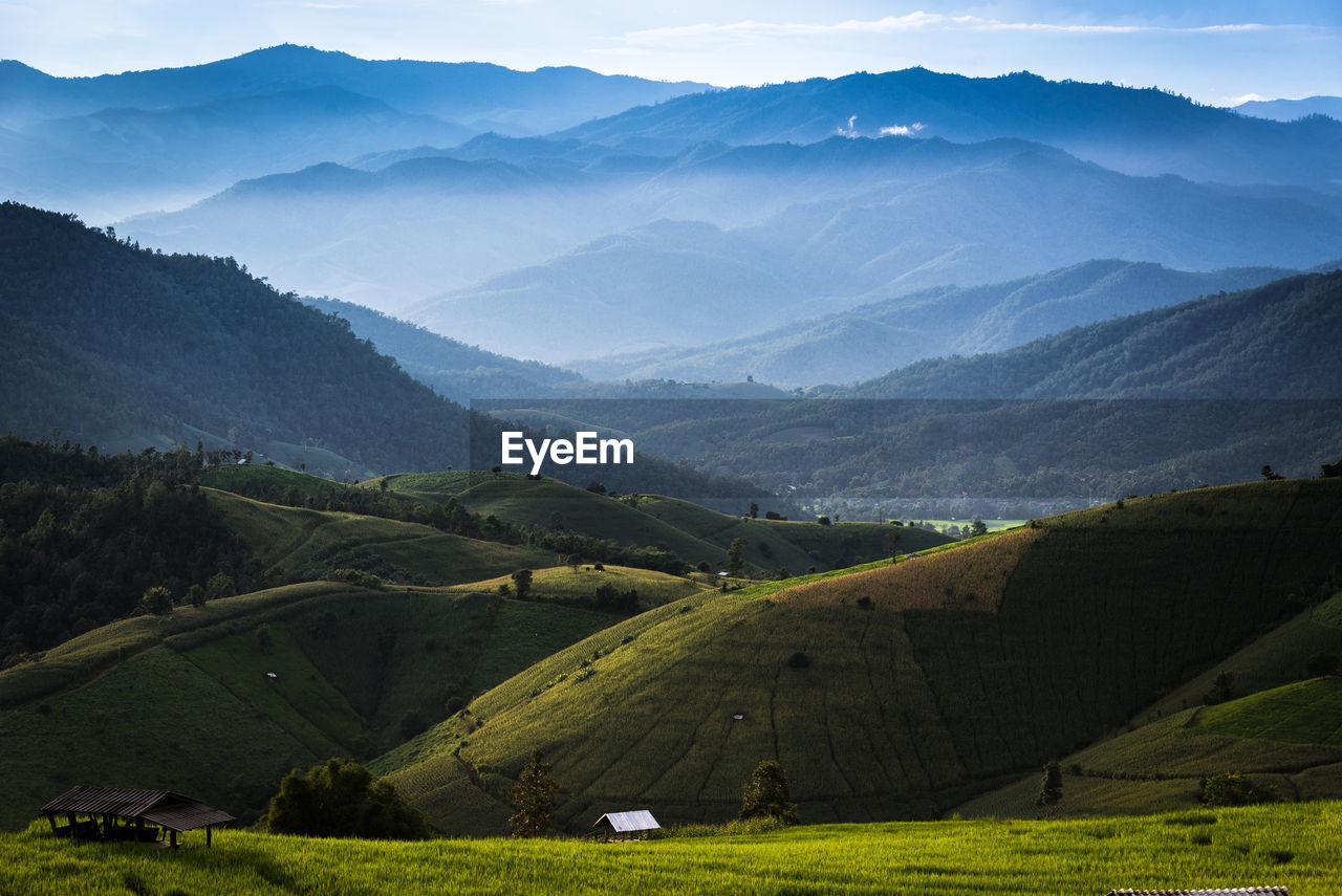 Scenic view of field and mountains against sky