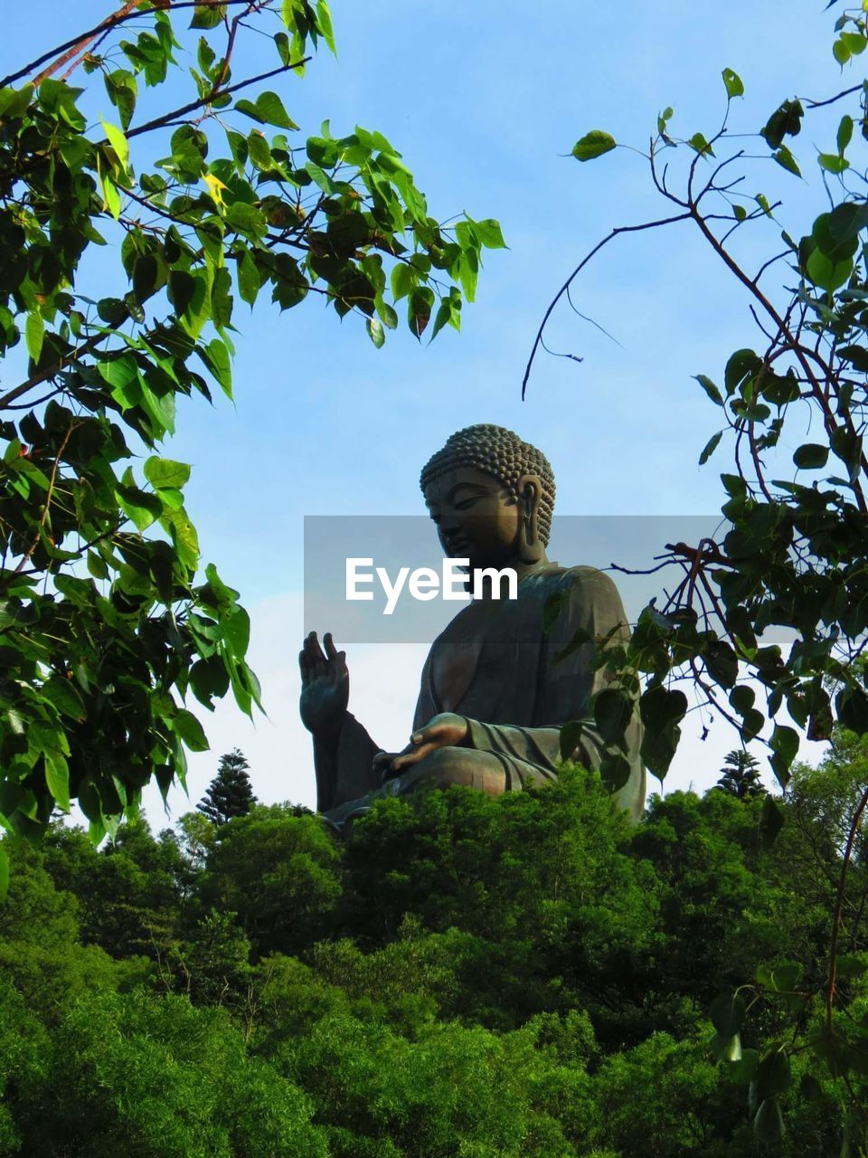Low angle view of tian tan buddha against sky