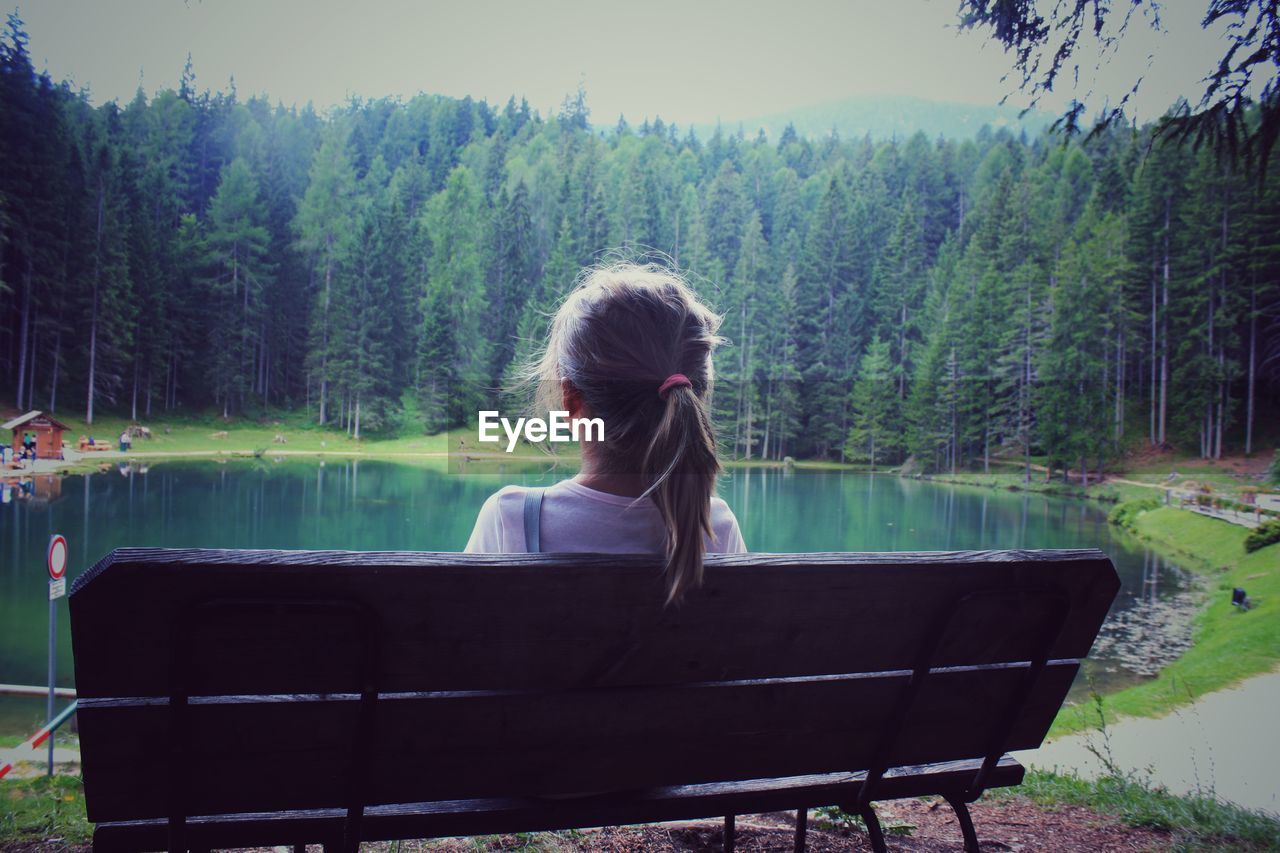 Rear view of girl sitting on bench at lakeshore