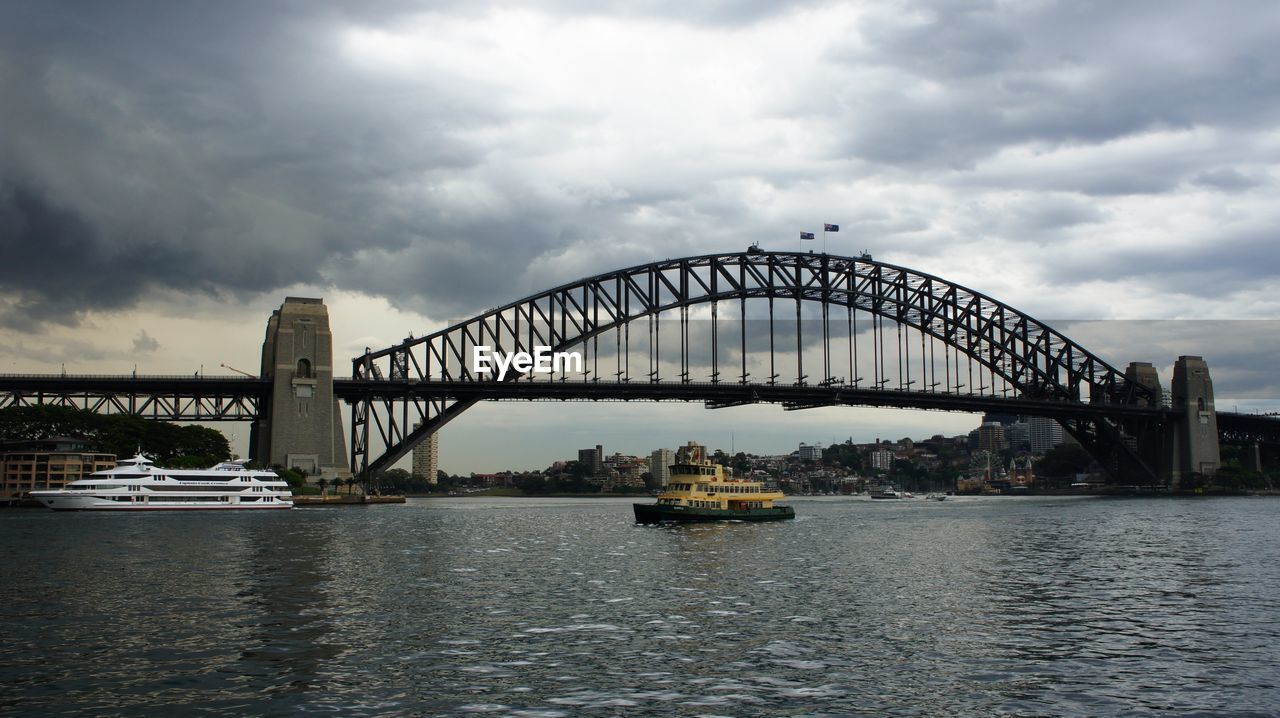 Sydney harbor bridge over river against cloudy sky