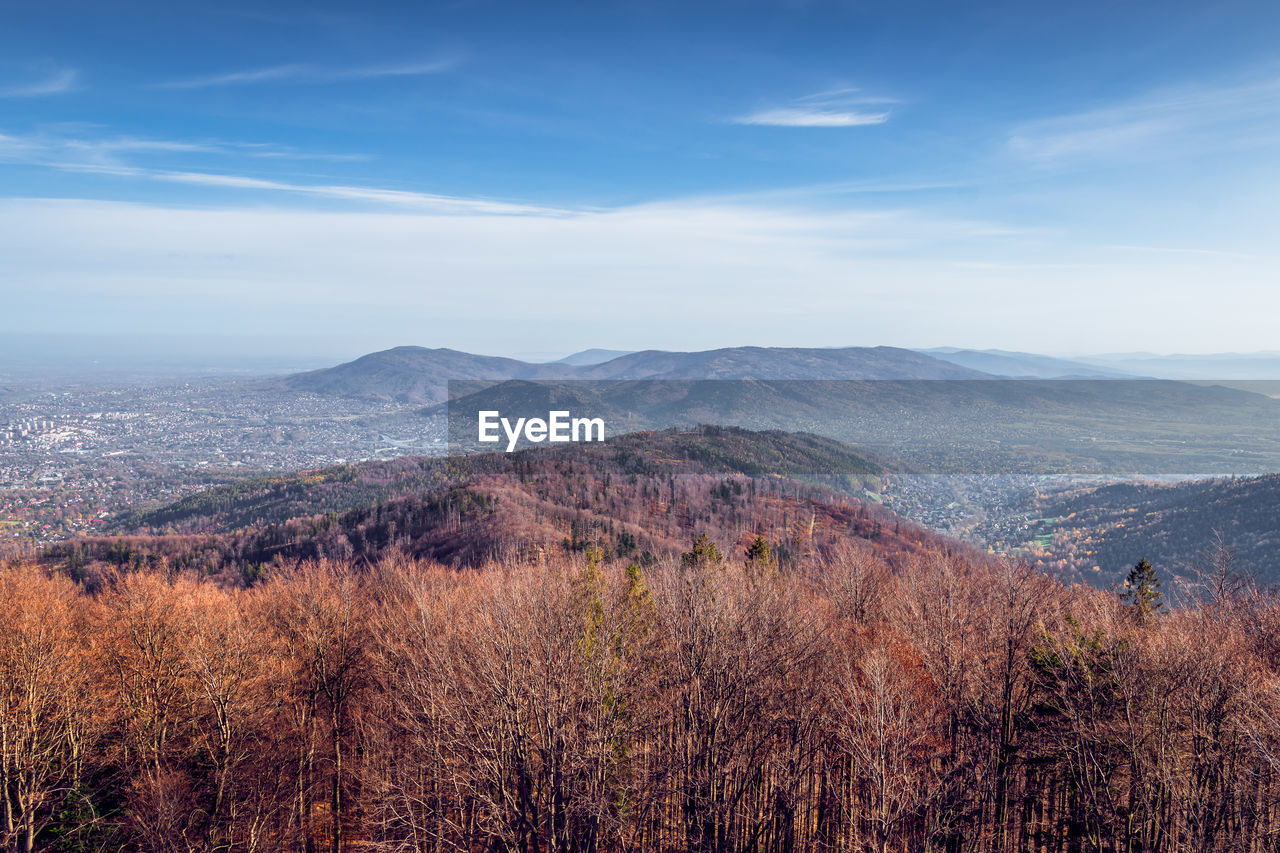 A beautiful view towards the little beskids and the city of bielsko-biala. autumn morning. 