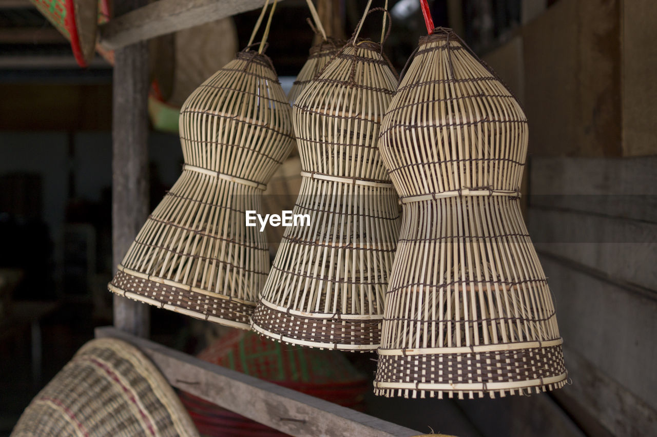 Close-up of decorations hanging for sale