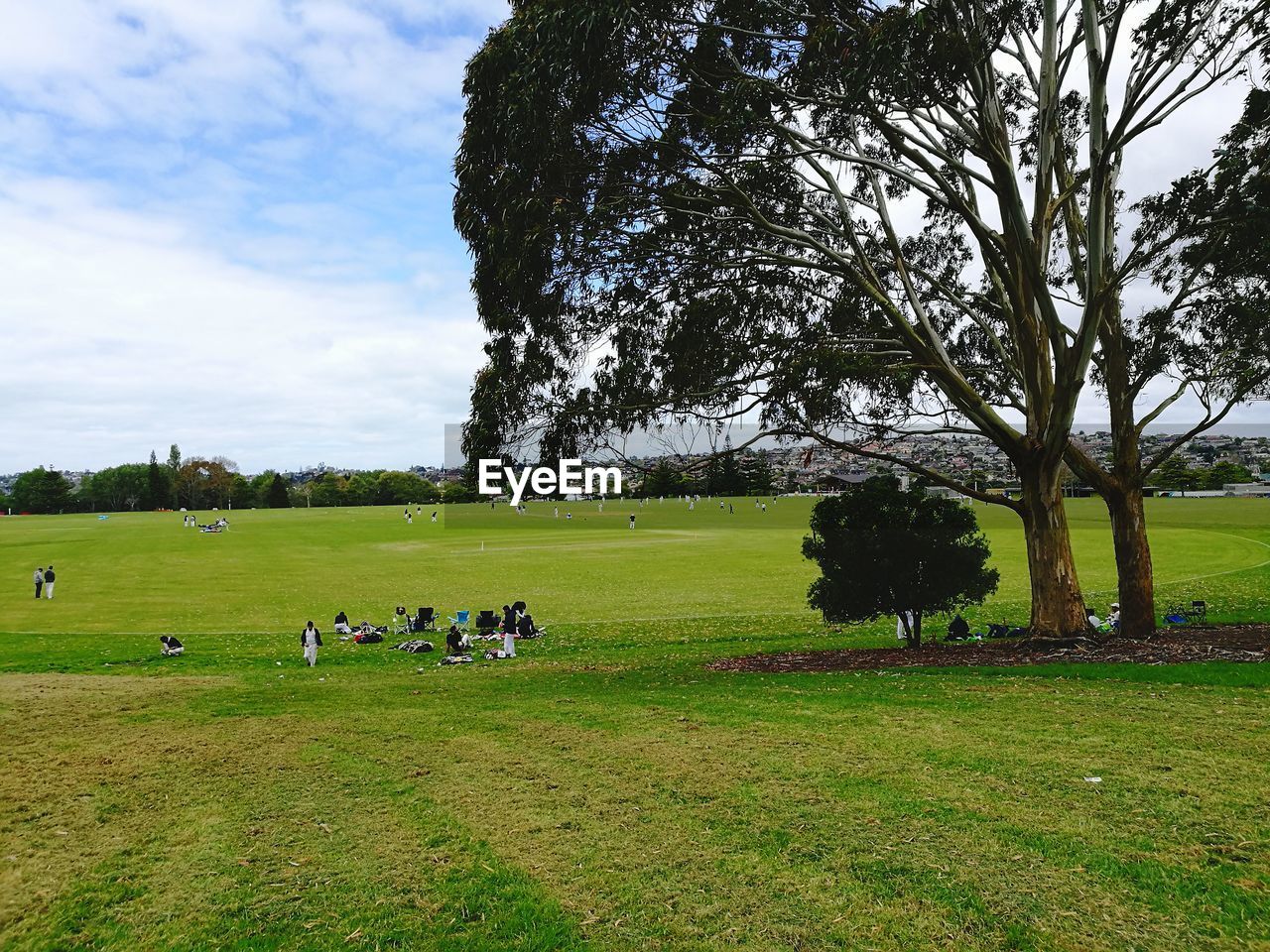 PEOPLE SITTING ON GRASSY FIELD AGAINST SKY