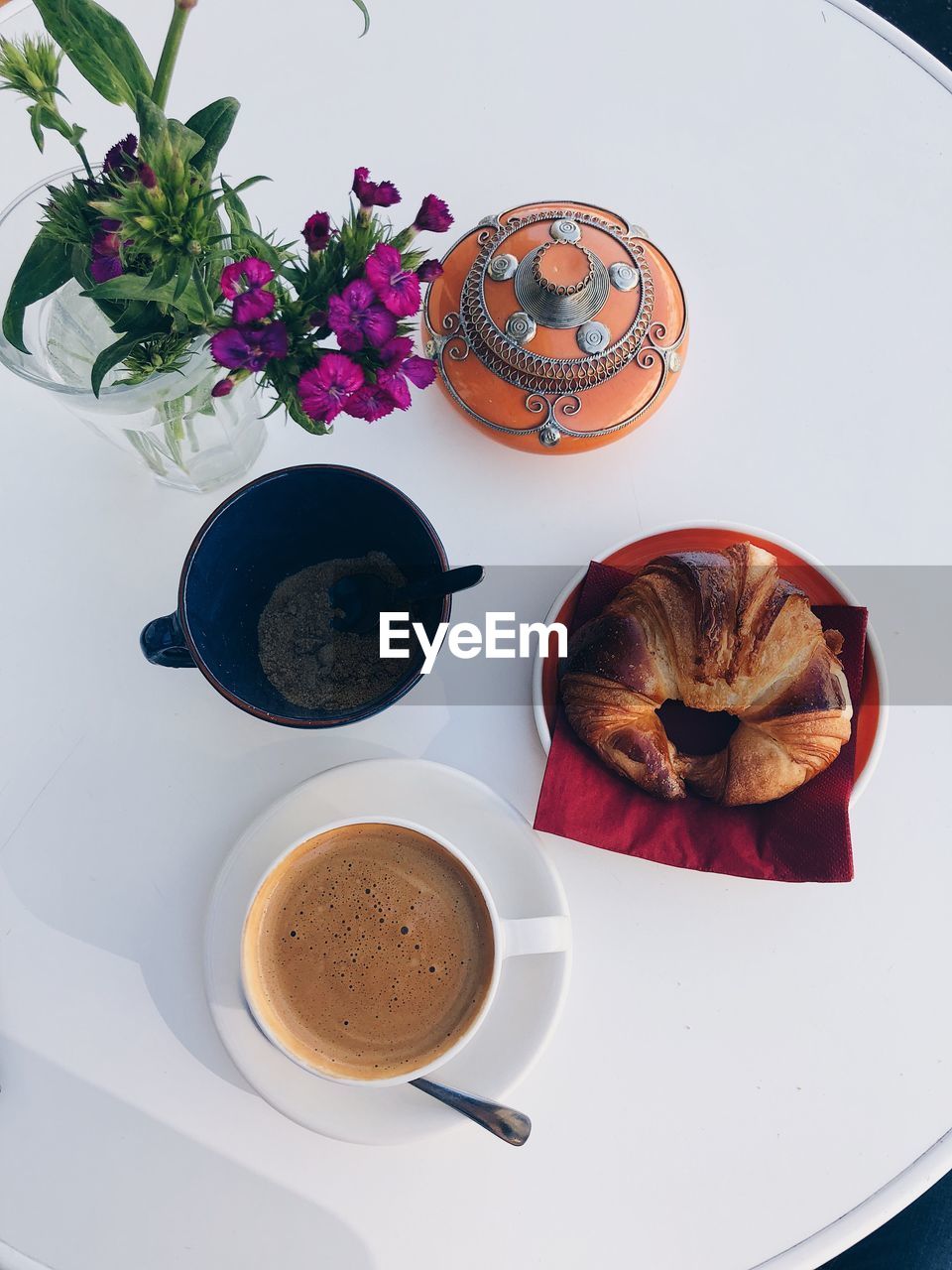 High angle view of breakfast on table