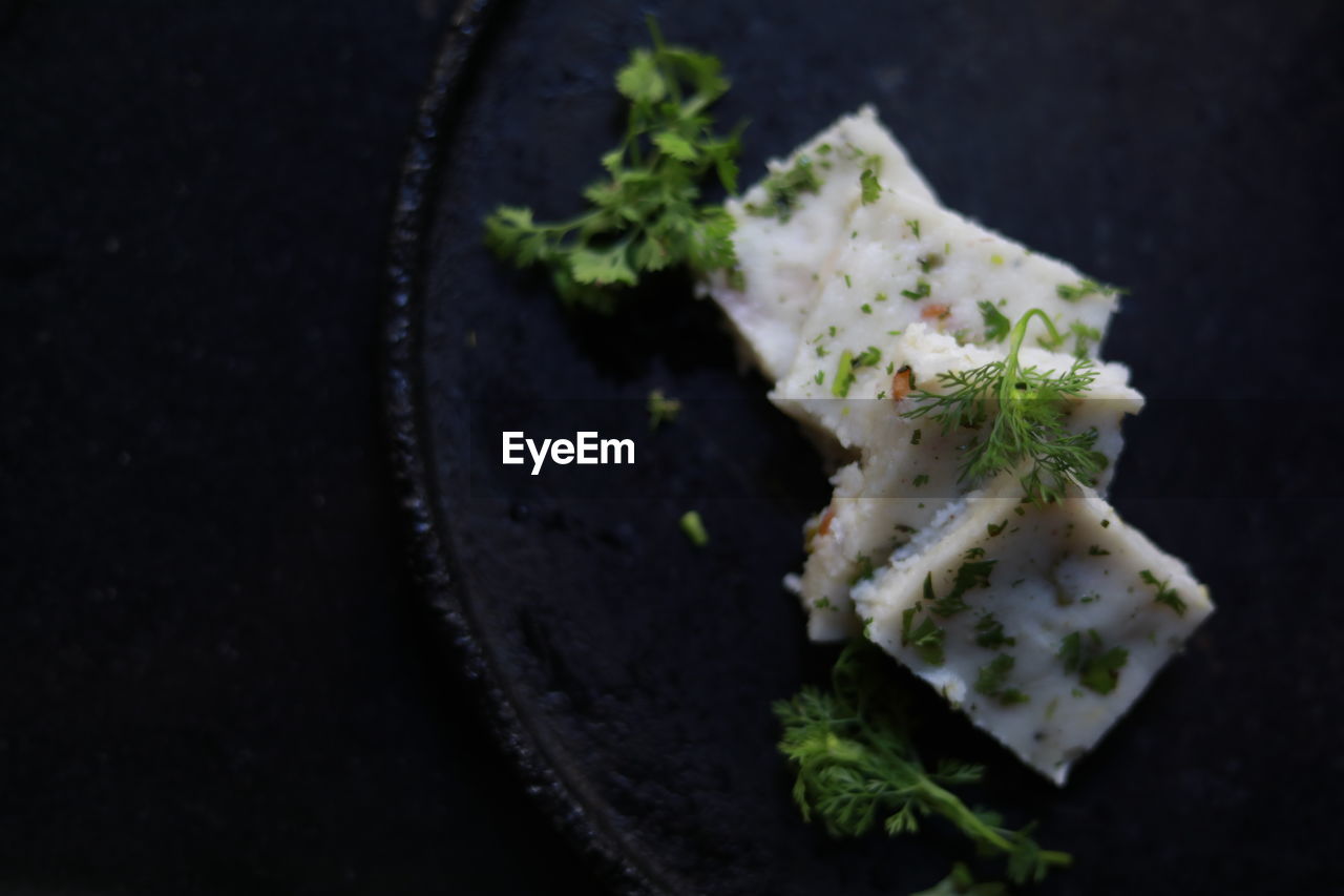 High angle view of food in plate