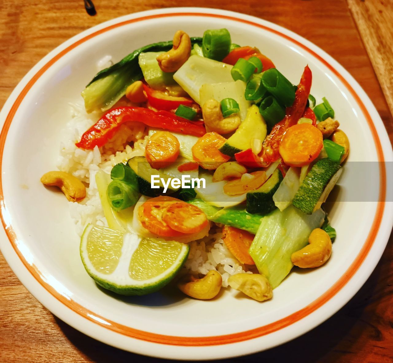 High angle view of asian food in plate on table